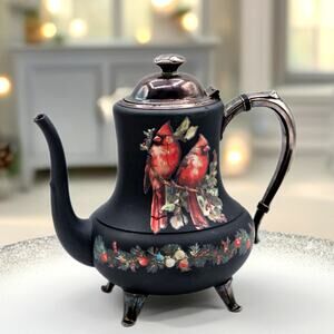 Vintage Silverplate Christmas Teapot Upcycled Cardinals Deer Holiday Decor IOD